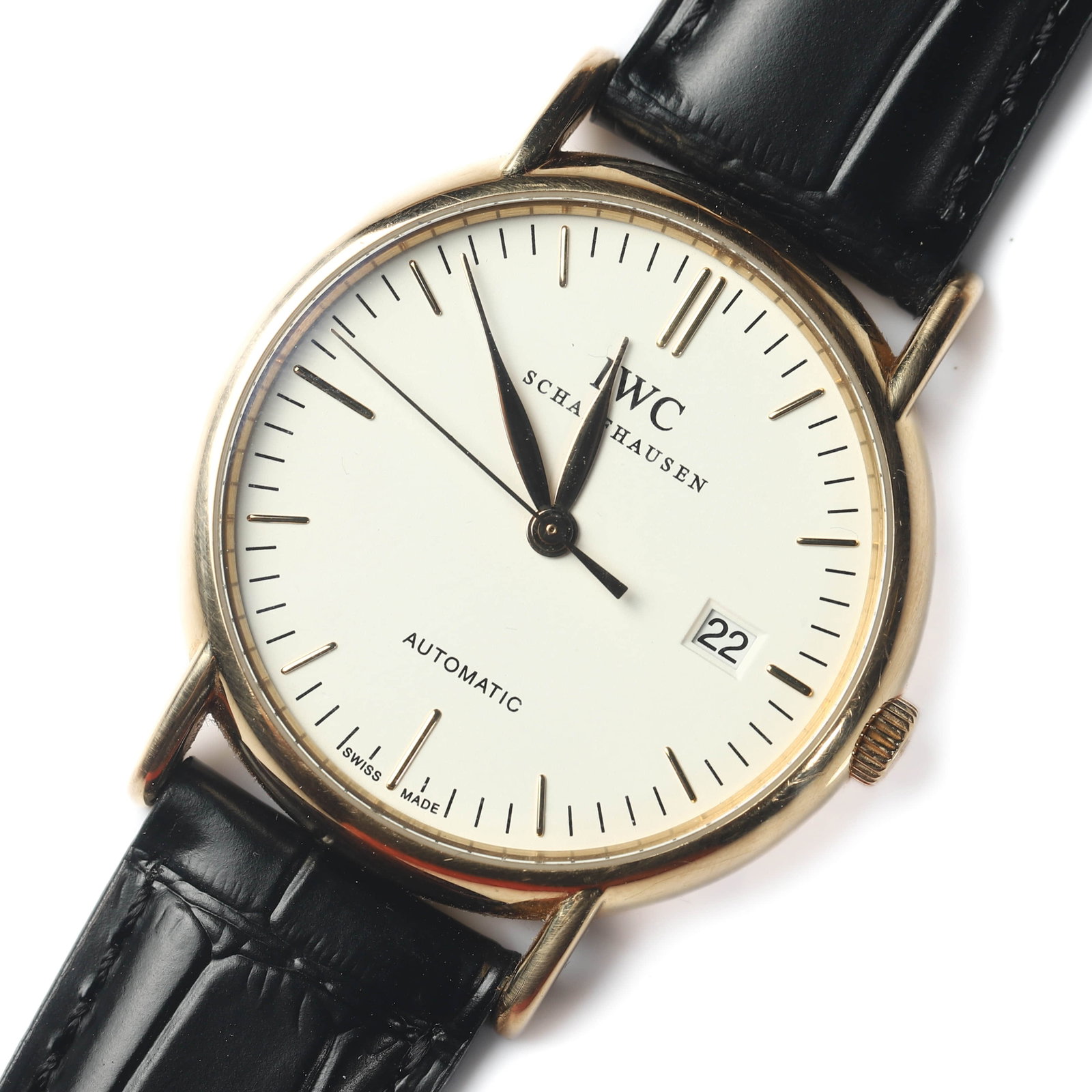 IWC SCHAFFHAUSEN PORTOFINO AUTOMATIC WRISTWATCH: Dimensions Dial diameter 1 9/16 in. (40.3 mm) Overall length 9 7/16 in. (24 cm) Description An IWC Schaffhausen Portofino automatic wristwatch, featuring an ivory-tone dial with baton hour markers,