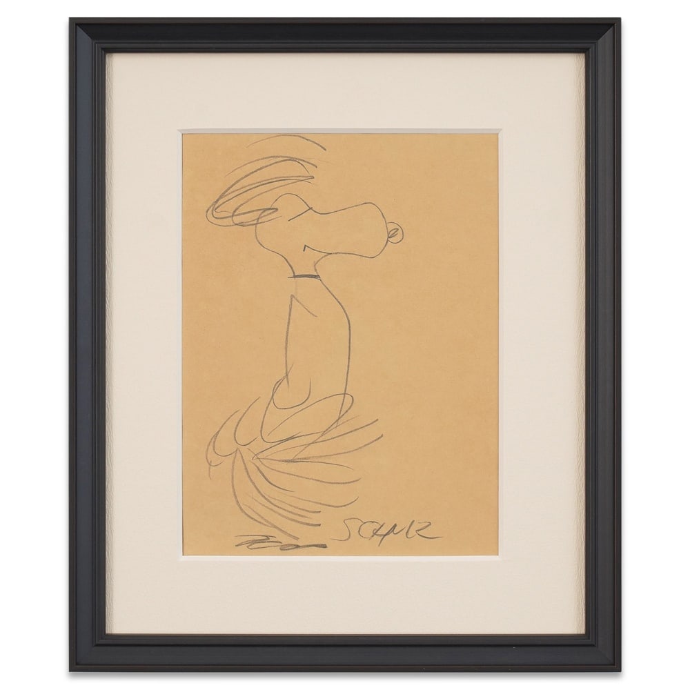 CHARLES M. SCHULZ SIGNED SNOOPY SKETCH: Image Dimensions: 10 x 7 1/2 in (25.5 x 19 cm) Framed Dimensions: 15 1/2 x 13 1/8 in (39.5 x 33.2 cm) Provenance and Authentication: According to the Letter of Authenticity (LOA) and Certificate of Au