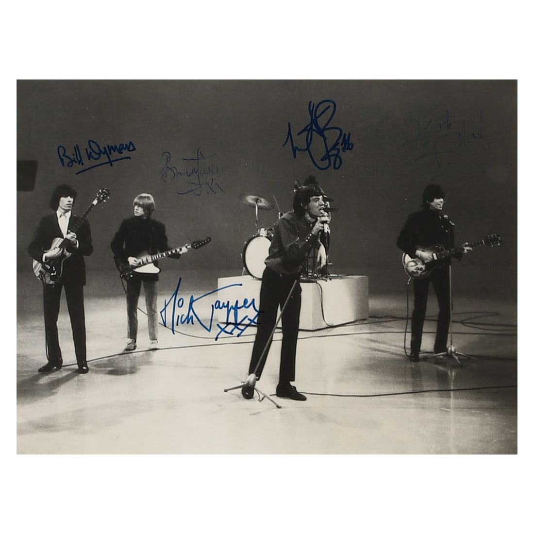 THE ROLLING STONES, FULLY SIGNED PHOTOGRAPH: Title THE ROLLING STONES, FULLY SIGNED PHOTOGRAPH Medium Gelatin silver photograph, mounted on board Signature Signed in blue ink on the front Dimensions Photograph: 6 5/8 × 8 3/4 in. (16.8 × 22.2