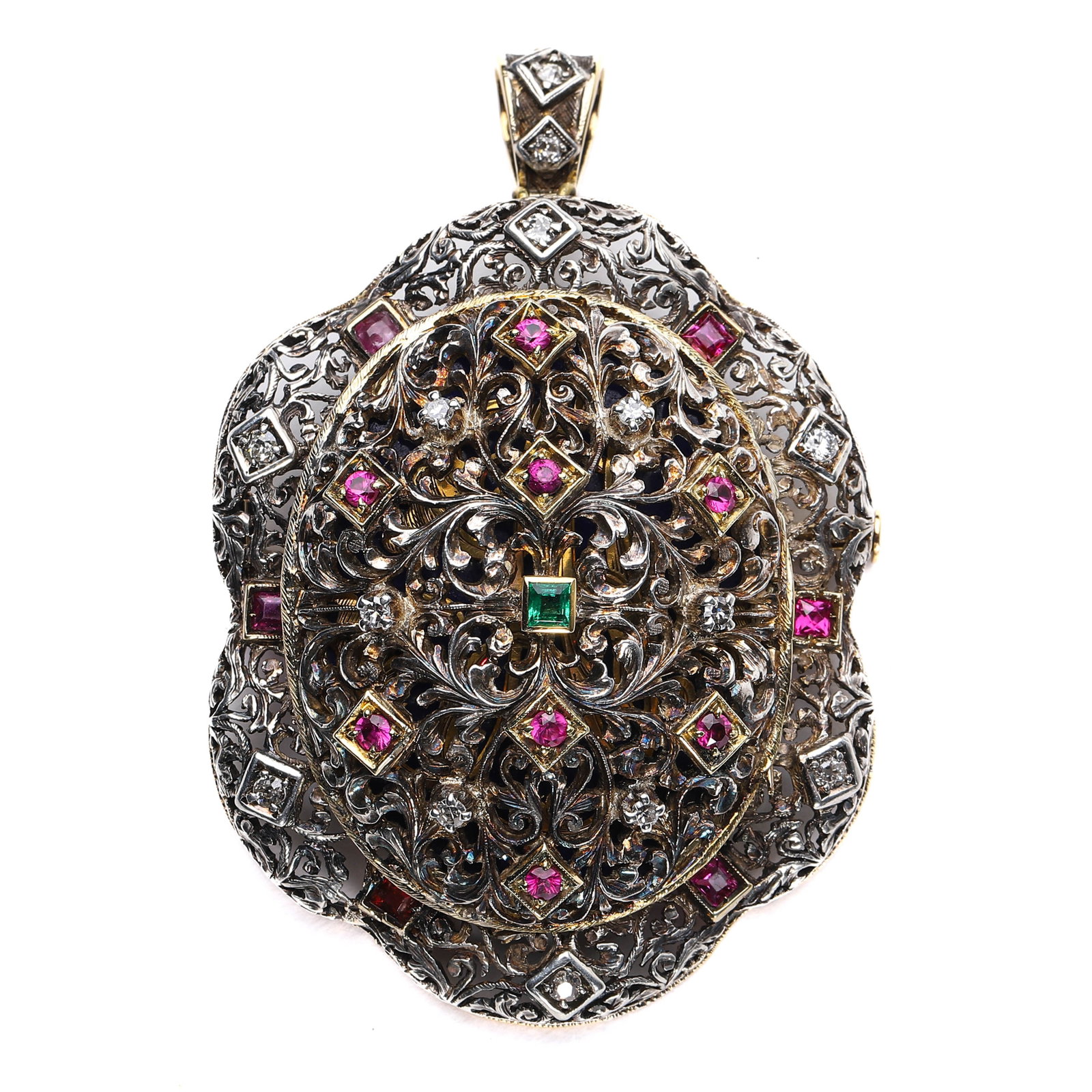 VICTORIAN PERIOD (1837–1901) ITALIAN NOBLEMAN'S CUSTOM-MADE GOLD AND SILVER LOCKET PENDANT: Crafted in 18k gold and silver, this exquisite locket pendant features intricate filigree work with dual-tone craftsmanship. The piece is adorned with old-cut diamonds, rubies, and an emerald, showcas