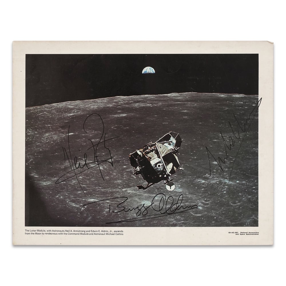 APOLLO 11 CREW SIGNED NASA LUNAR MODULE PHOTOGRAPH: 13 7/8 x 11 in (35.4 x 27.8 cm) Provenance and Authentication: According to the Letter of Authenticity (LOA) and Certificate of Authenticity (COA) provided by the consignor, this collectible was