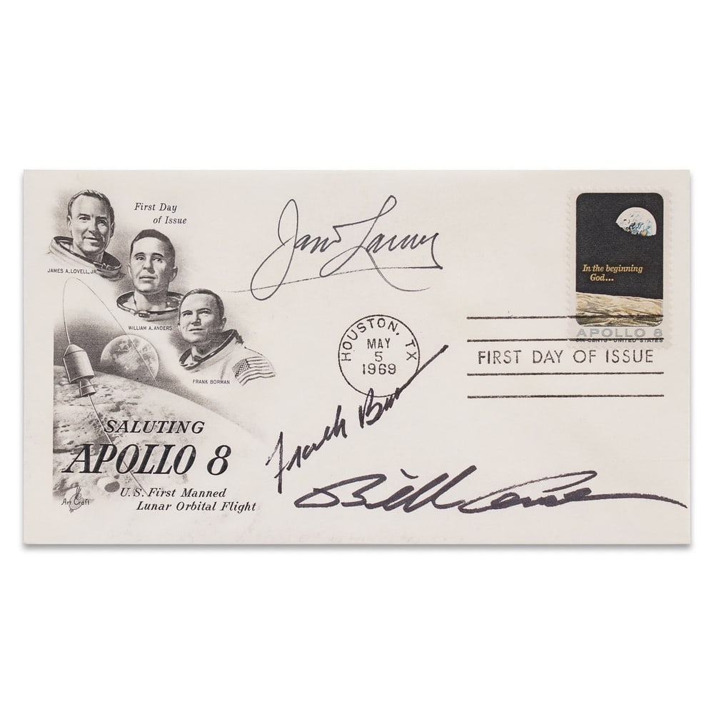 APOLLO 8 CREW SIGNED FIRST DAY COVER: 6 1/2 x 3 5/8 in (16.4 x 9.2 cm) Provenance and Authentication: According to the Letter of Authenticity (LOA) and Certificate of Authenticity (COA) provided by the consignor, this collectible was subj