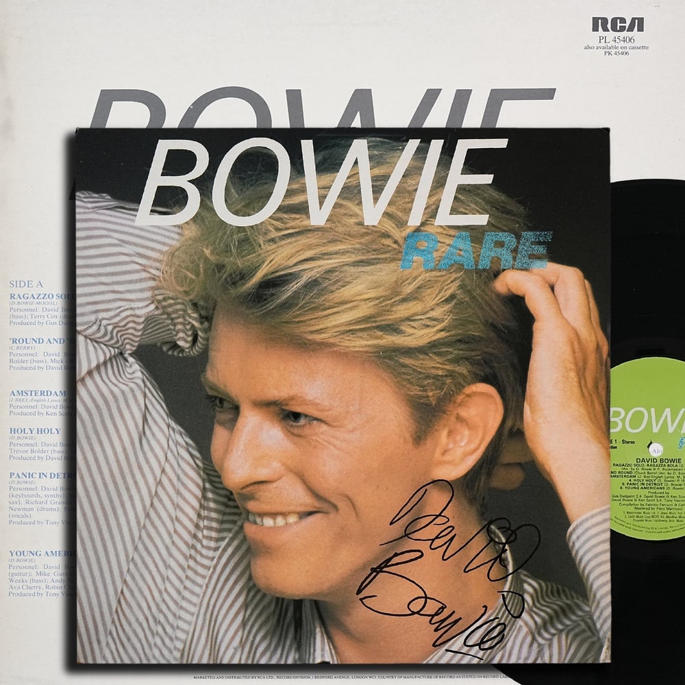 DAVID BOWIE SIGNED "BOWIE RARE" LP: 12 1/4 x 12 1/4 in Provenance and Authentication: According to the Letter of Authenticity (LOA) and Certificate of Authenticity (COA) provided by the consignor, this collectible was subjected to a for