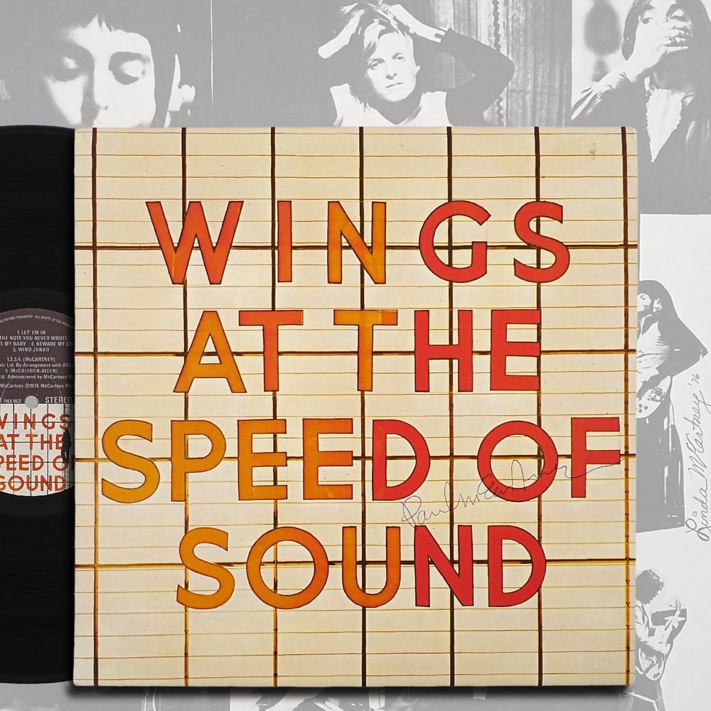 PAUL MCCARTNEY SIGNED "WINGS AT THE SPEED OF SOUND" LP: 12 1/4 x 12 1/4 in Provenance and Authentication: According to the Letter of Authenticity (LOA) and Certificate of Authenticity (COA) provided by the consignor, this collectible was subjected to a for