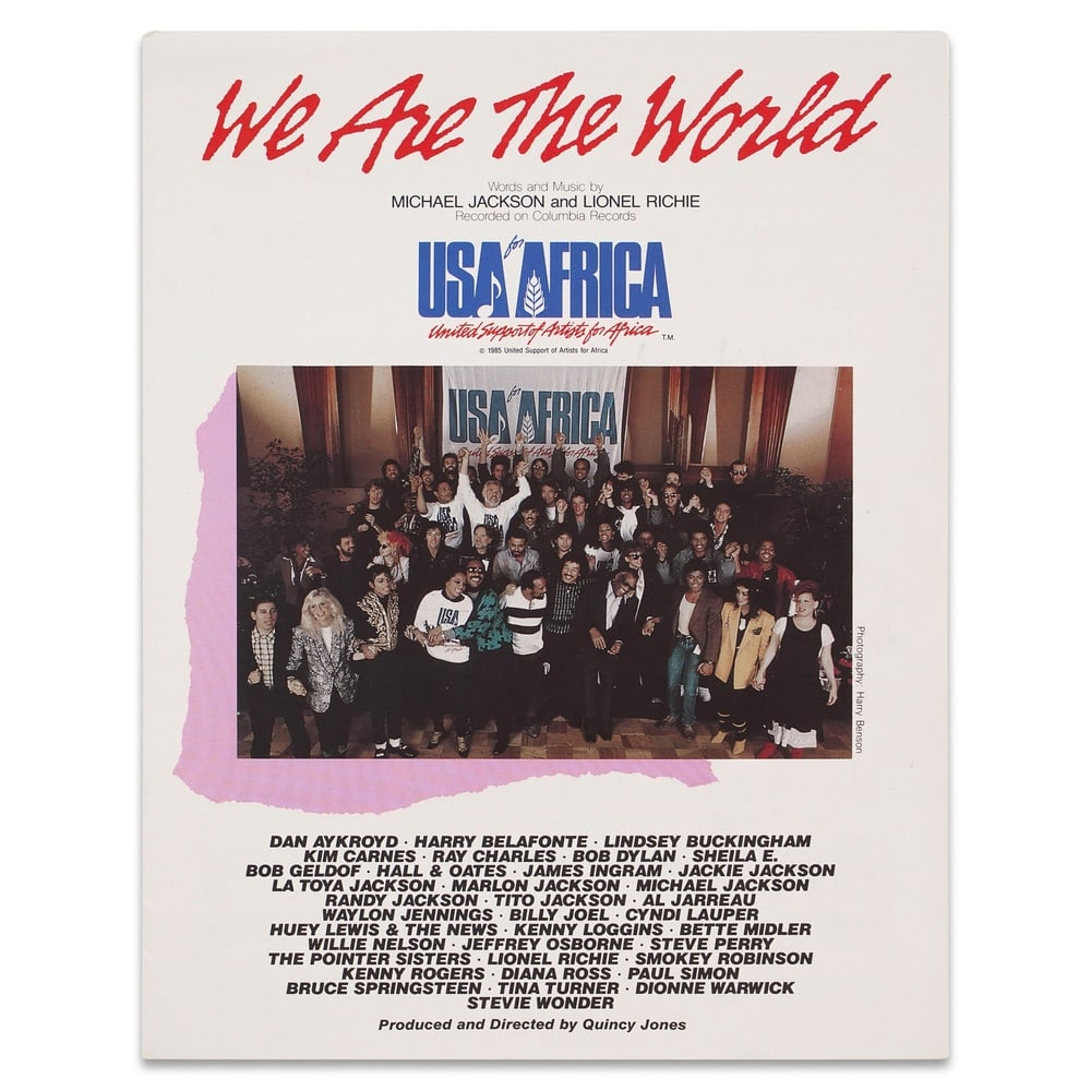 MICHAEL JACKSON SIGNED "WE ARE THE WORLD" SHEET MUSIC: 9 x 12 in (22.8 x 30.4 cm) Provenance and Authentication: According to the Letter of Authenticity (LOA) and Certificate of Authenticity (COA) provided by the consignor, this collectible was subjected