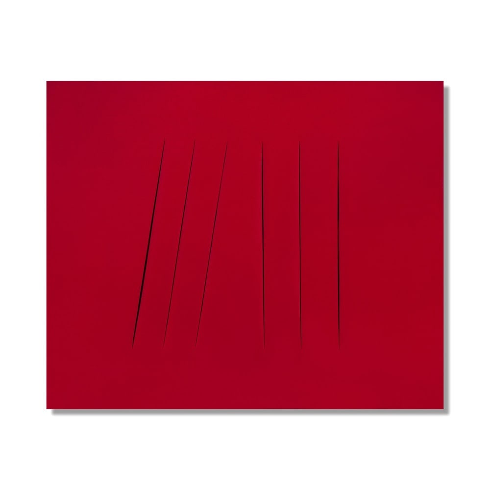 LUCIO FONTANA (1899-1968), ATTRIBUTED TO, WATERPAINT ON CANVAS: Signed (verso) Image Dimensions: 29 1/2 x 36 1/4 in (75 x 92 cm) This painting comes with COA. Lucio Fontana is one of the most radical innovators of twentieth-century art, best known for founding