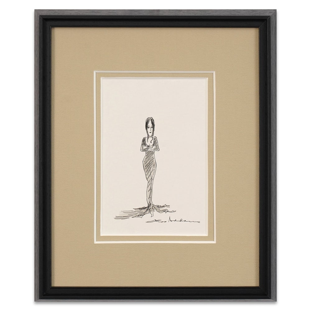 CHARLES ADDAMS SIGNED MORTICIA ADDAMS SKETCH: Image Dimensions: 8 3/4 x 5 3/4 in (22.3 x 14.7 cm) Framed Dimensions: 17 x 14 1/8 in (43.3 x 35.8 cm) Provenance and Authentication: According to the Letter of Authenticity (LOA) and Certificate of