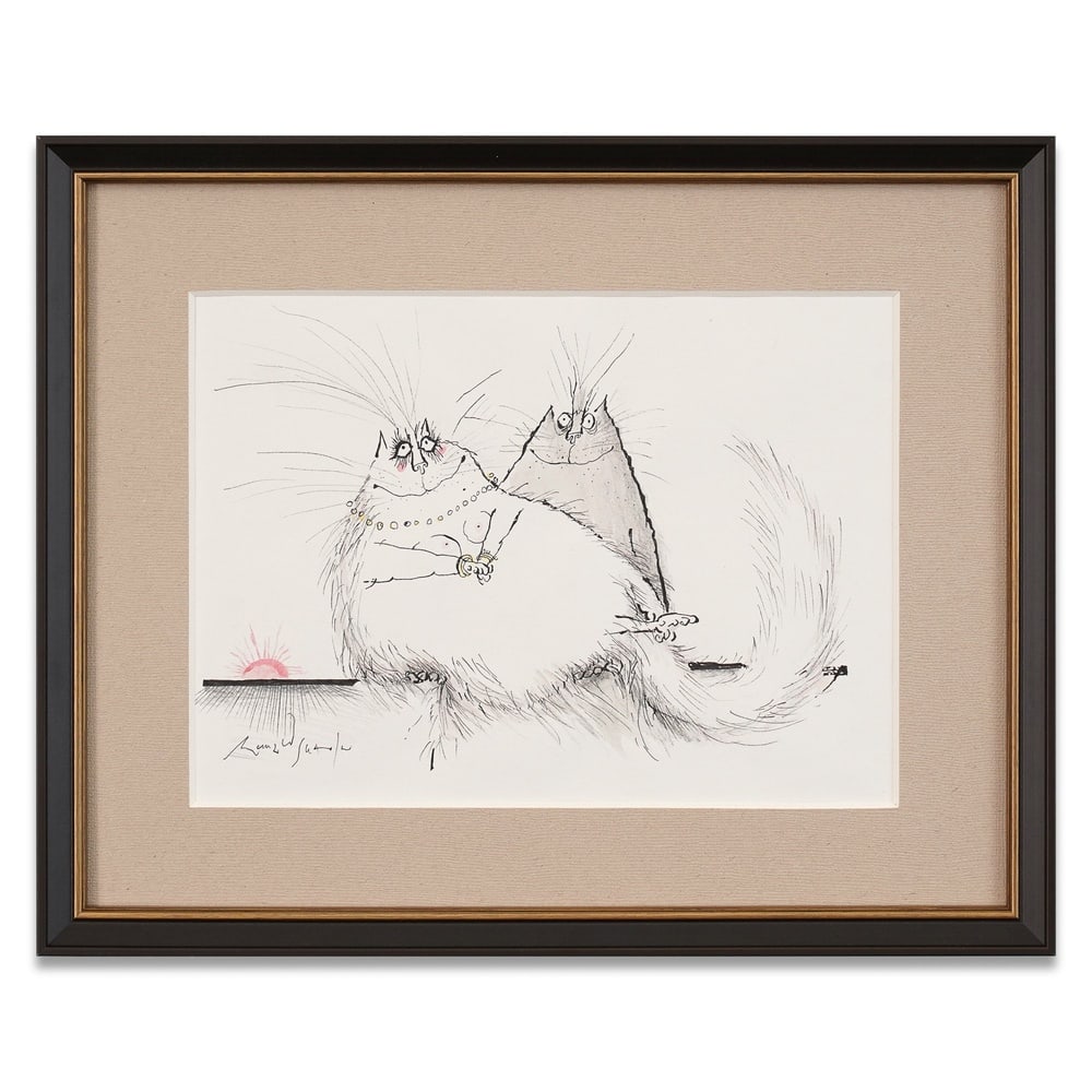 RONALD SEARLE SIGNED CAT DRAWING: Image Dimensions: 8 5/8 x 12 1/8 in (22 x 30.7 cm) Framed Dimensions: 14 1/4 x 17 5/8 in (36.1 x 44.8 cm) Provenance and Authentication: According to the Letter of Authenticity (LOA) and Certificate
