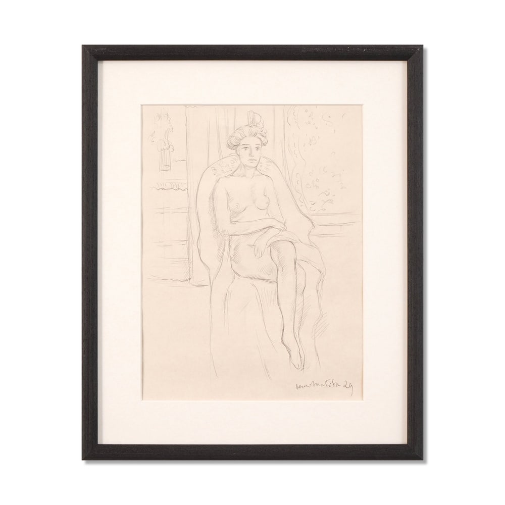 HENRI MATISSE (1869-1954), ATTRIBUTED TO, PENCIL ON PAPER: Signed (lower right) Image Dimensions: 12 5/8 x 9 1/2 in (32 x 24 cm) Framed Dimensions: 17 1/2 x 14 3/8 in (44.5 x 36.5 cm) This painting comes with COA. This refined drawing by Henri Matisse dates