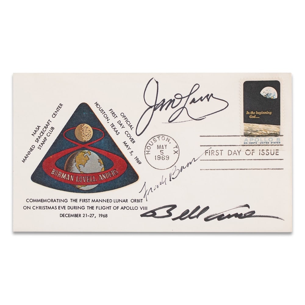 APOLLO 8 CREW FULLY SIGNED FIRST DAY COVER: 6 1/2 x 3 3/4 in (16.5 x 9.4 cm) Provenance and Authentication: According to the Letter of Authenticity (LOA) and Certificate of Authenticity (COA) provided by the consignor, this collectible was