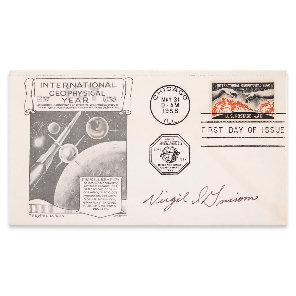 GUS GRISSOM SIGNED INTERNATIONAL GEOPHYSICAL YEAR 1957-1958 FIRST DAY COVER: 6 1/2 x 3 5/8 in (16.5 x 9.2 cm) Provenance and Authentication: According to the Letter of Authenticity (LOA) and Certificate of Authenticity (COA) provided by the consignor, this collectible was