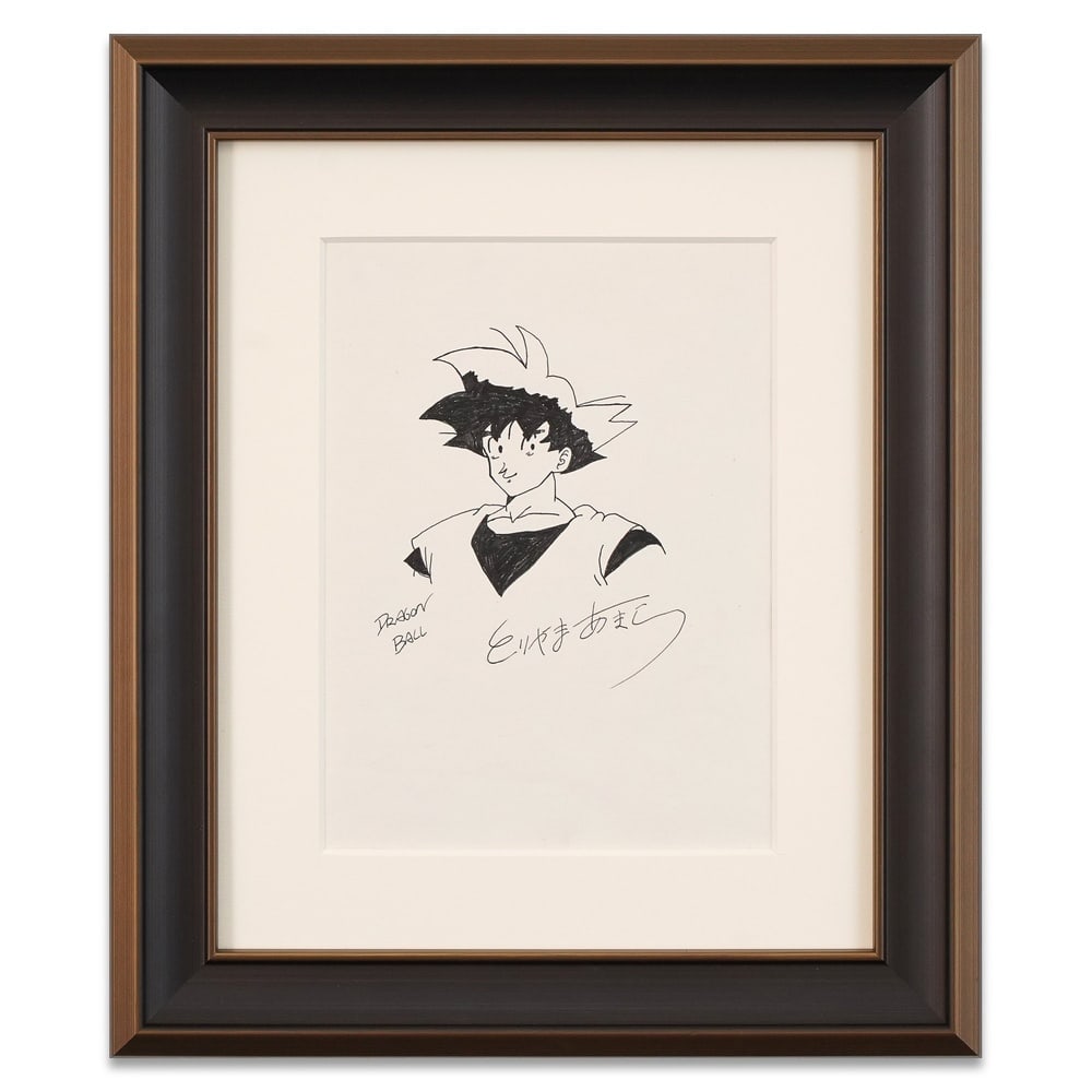 AKIRA TORIYAMA HAND-DRAWN AND SIGNED DRAGON BALL SON GOKU DRAWING: Image Dimensions: 10 3/4 x 7 7/8 in (27.3 x 20 cm) Framed Dimensions: 18 1/8 x 15 3/8 in (46.2 x 39.1 cm) Provenance and Authentication: According to the Letter of Authenticity (LOA) and Certificate