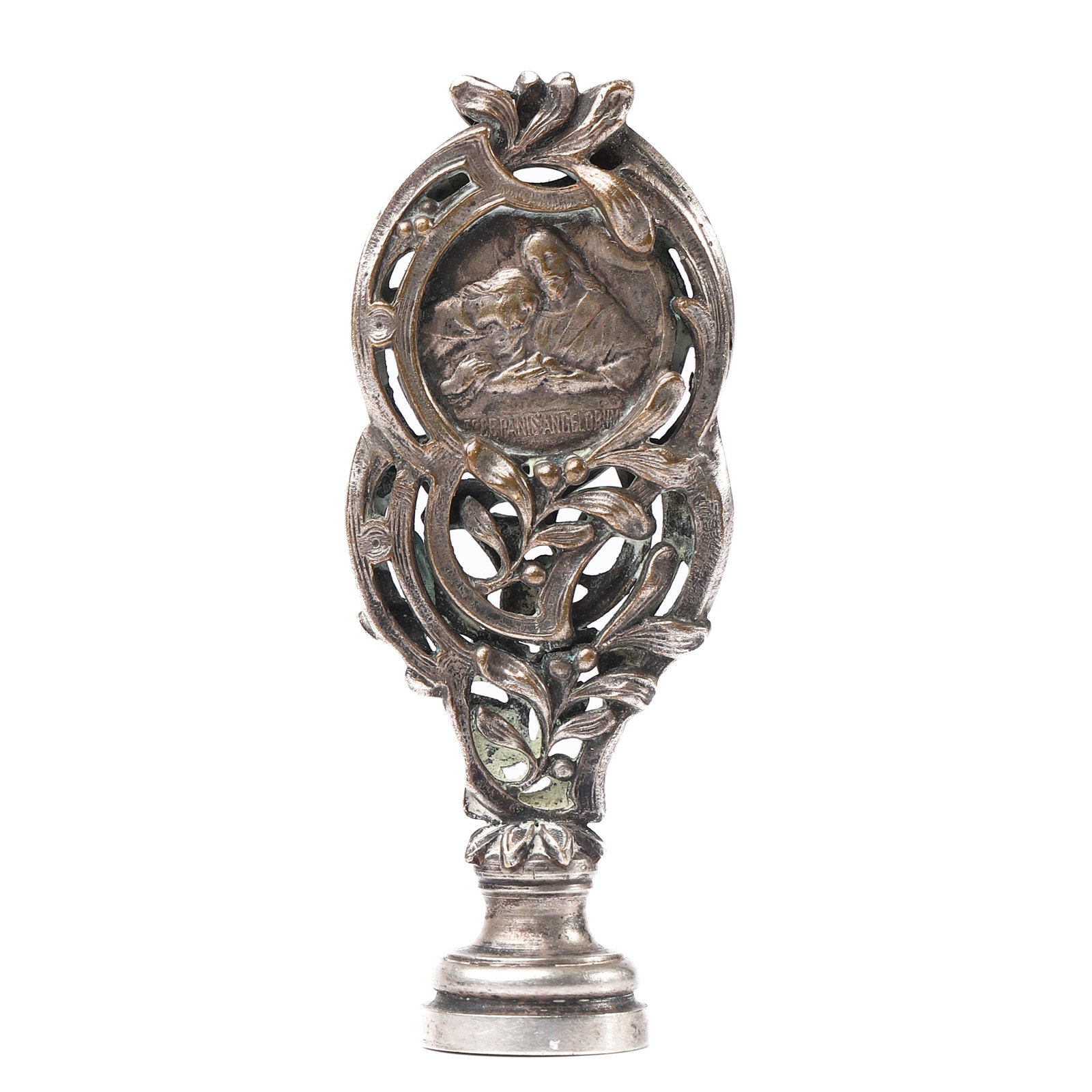 ANTIQUE SILVERED METAL SEAL WITH OPENWORK SCENE: Dimensions Height: 2 3/4 in (6.9 cm); Weight: 30 g Description A finely crafted antique silvered metal seal featuring an openwork foliate frame surrounding a central relief scene depicting a reclining