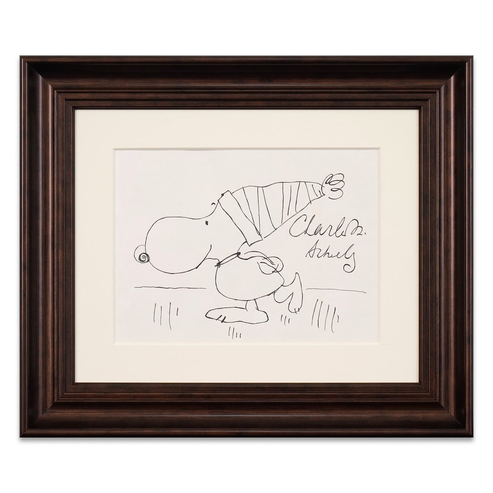 CHARLES M. SCHULZ SIGNED WOODSTOCK INK DRAWING: Image Dimensions: 9 x 12 1/4 in (22.8 x 31 cm) Framed Dimensions: 17 7/8 x 21 1/8 in (45.3 x 53.7 cm) Provenance and Authentication: According to the Letter of Authenticity (LOA) and Certificate of