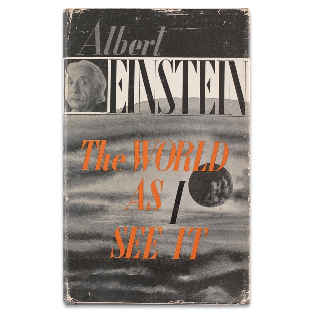 ALBERT EINSTEIN SIGNED THE WORLD AS I SEE IT: 6 3/4 x 4 1/4 in (17.1 x 10.7 cm) Provenance and Authentication: According to the Letter of Authenticity (LOA) and Certificate of Authenticity (COA) provided by the consignor, this collectible was