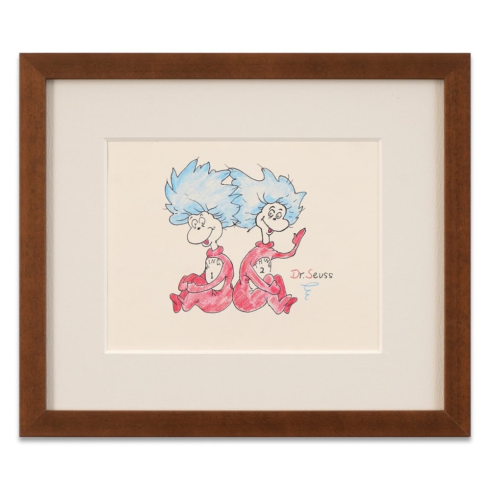DR. SEUSS SIGNED "THING ONE AND THING TWO" DRAWING: Image Dimensions: 6 1/4 x 8 1/4 in (15.8 x 20.8 cm) Framed Dimensions: 11 1/2 x 13 5/8 in (29.3 x 34.5 cm) Provenance and Authentication: According to the Letter of Authenticity (LOA) and Certificate