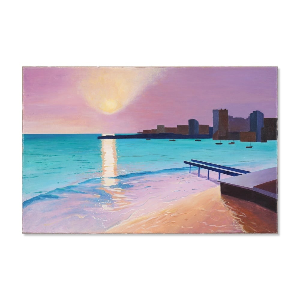 DAVID HOCKNEY (1937-2026), ATTRIBUTED TO, ACRYLIC ON CANVAS: Signed (verso) Image Dimensions: 23 1/2 x 35 1/2 in (59.7 x 90.2 cm) This painting comes with COA. Evening Light, Sainte-Maxime, dated 1968, presents a luminous coastal view transformed through David