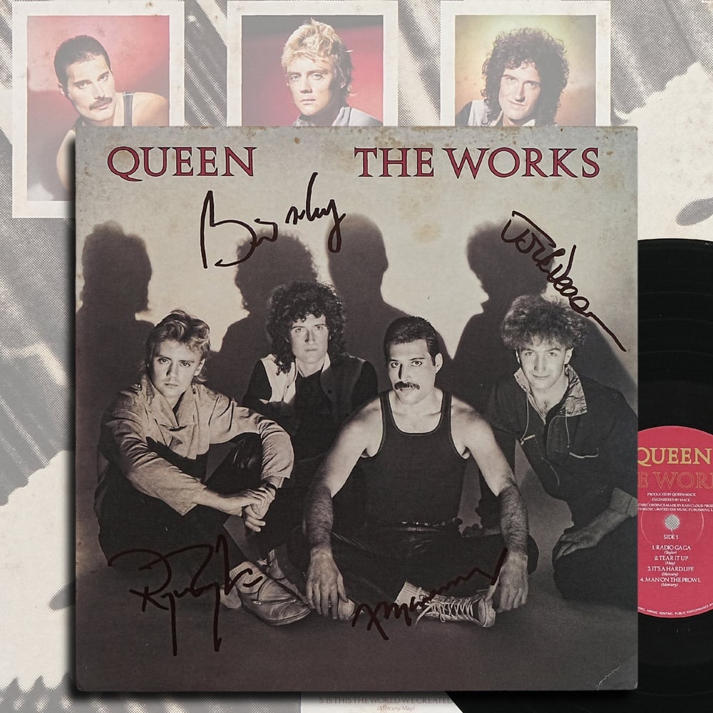 QUEEN FULLY SIGNED "THE WORKS" LP: 12 1/4 x 12 1/4 in Released in 1984, The Works marked Queen's triumphant return to arena rock while embracing the synthesizer-driven sound that defined the decade. Featuring enduring classics