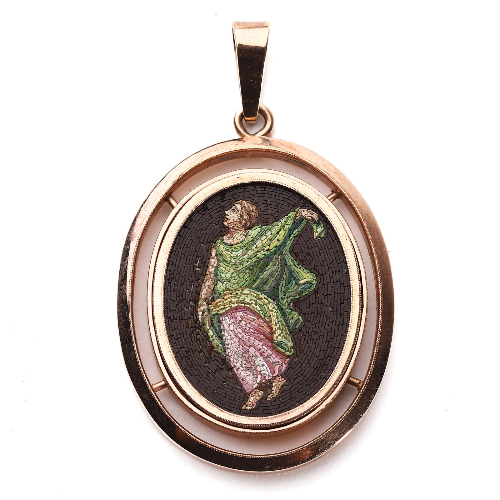 A GOLD PENDANT WITH MICROMOSAIC FIGURE DECORATION: Length: 2 1/16 in. (52.8 mm), Width: 1 1/4 in. (32.3 mm), Weight: 23.8 g This elegant pendant features an oval micromosaic plaque depicting a classical draped figure in motion, rendered with finely te