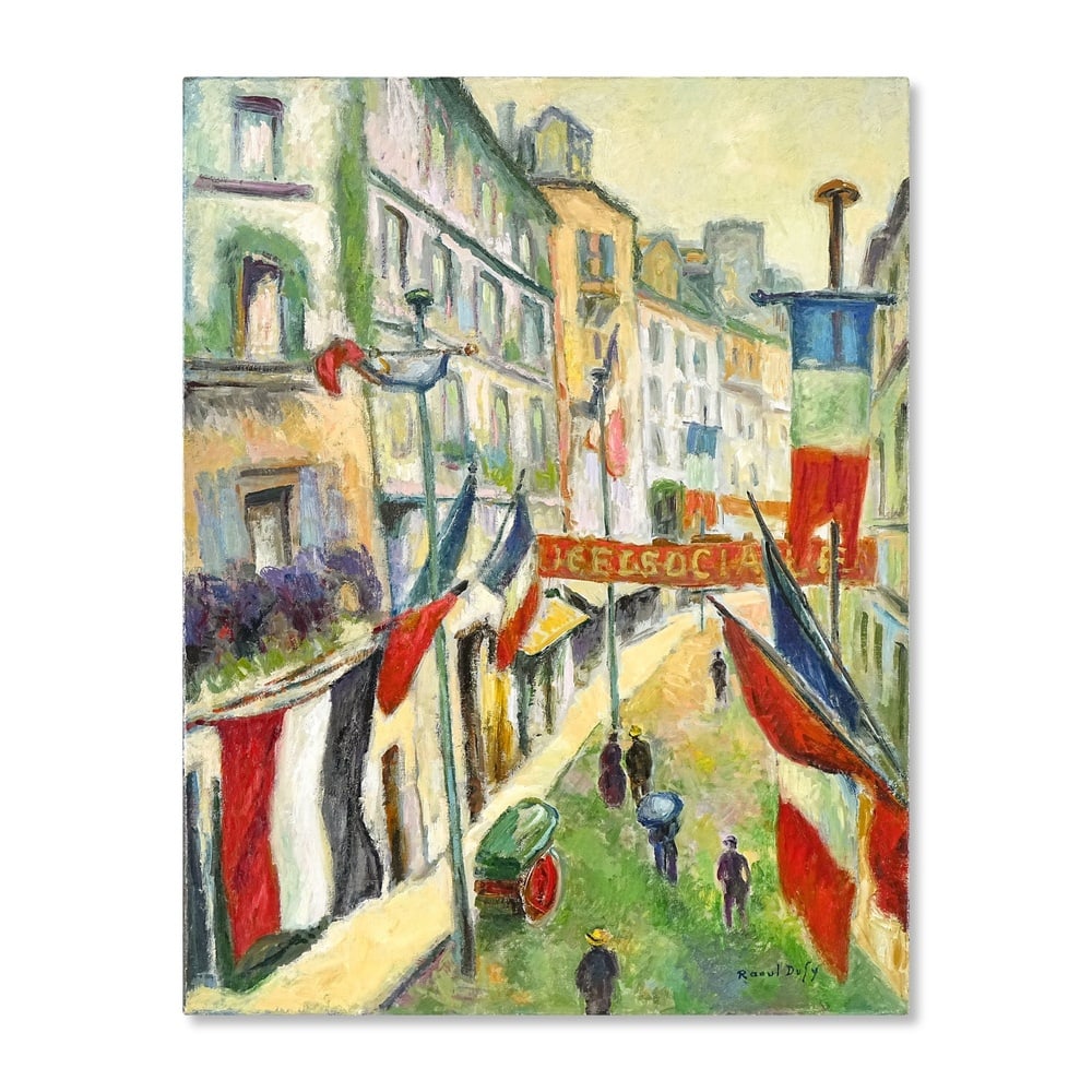 RAOUL DUFY (1877-1953), ATTRIBUTED TO, OIL ON CANVAS: Signed (lower right) Image Dimensions: 28 3/4 x 22 1/4 in (73 x 56.5 cm) This painting comes with COA. This oil painting depicts a lively French urban street animated by numerous tricolor flags. The