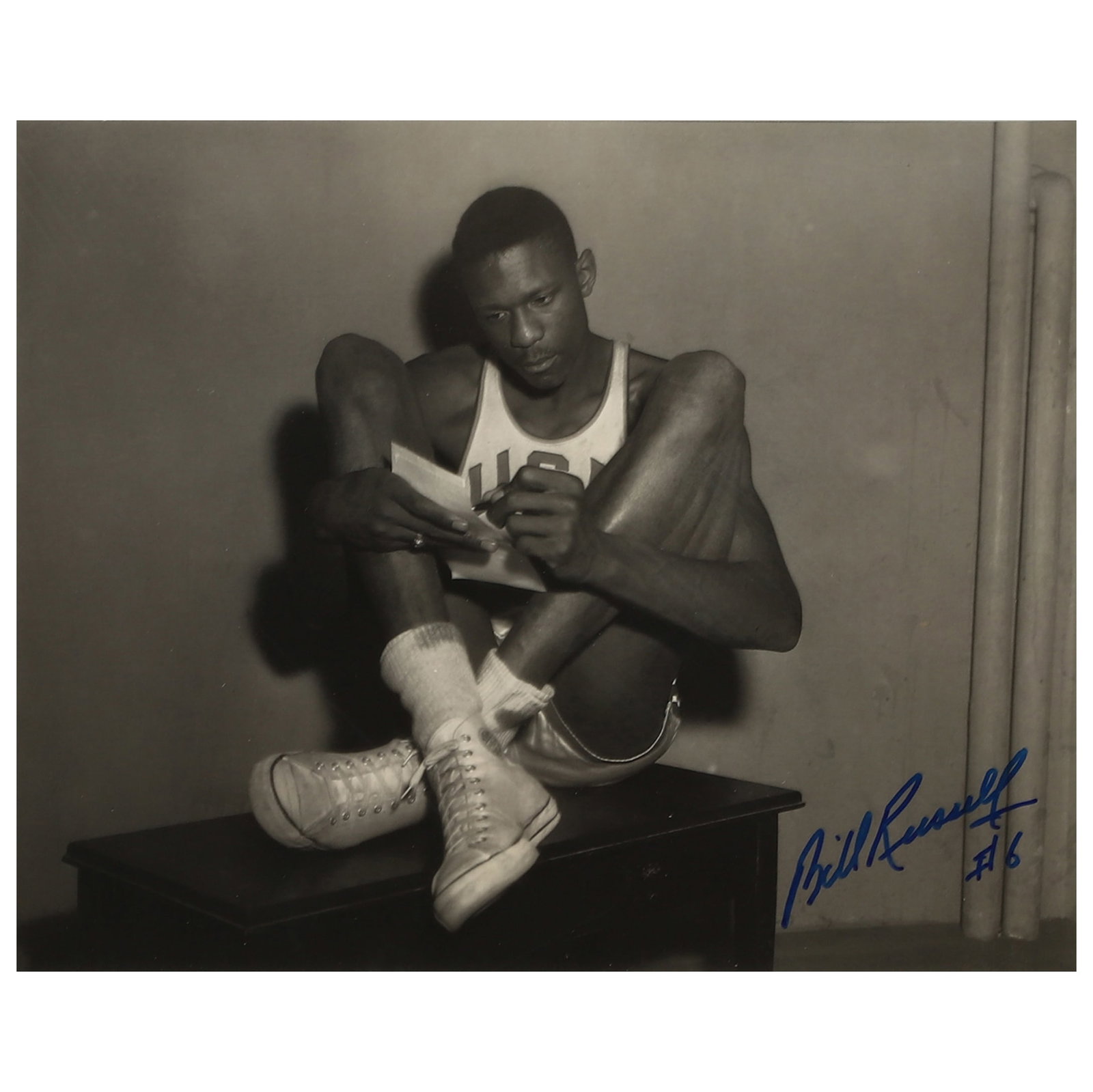 BILL RUSSELL, SIGNED BACKSTAGE PHOTOGRAPH, 1956 MELBOURNE OLYMPICS (1 of 3)