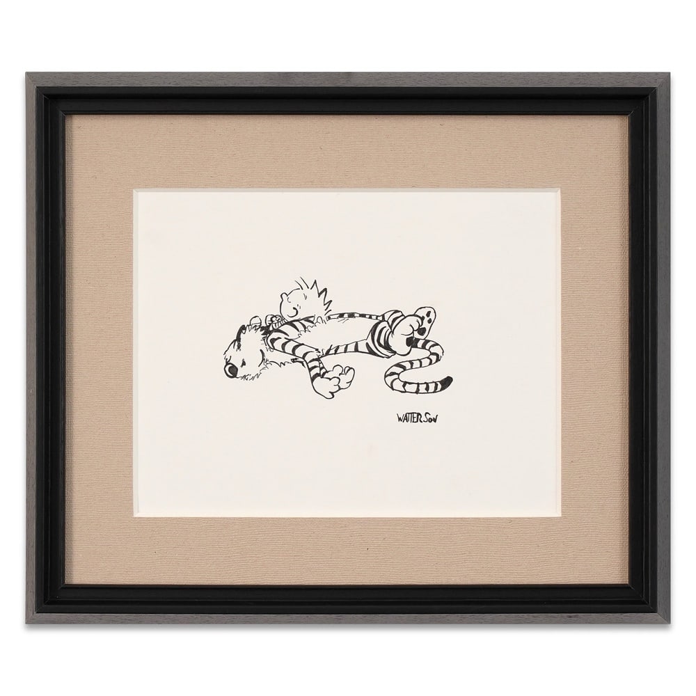BILL WATTERSON SIGNED "CALVIN AND HOBBES" DRAWING: Image Dimensions: 7 3/4 x 9 7/8 in (19.8 x 25.2 cm) Framed Dimensions: 13 3/4 x 16 1/8 in (35 x 41 cm) Provenance and Authentication: According to the Letter of Authenticity (LOA) and Certificate of A