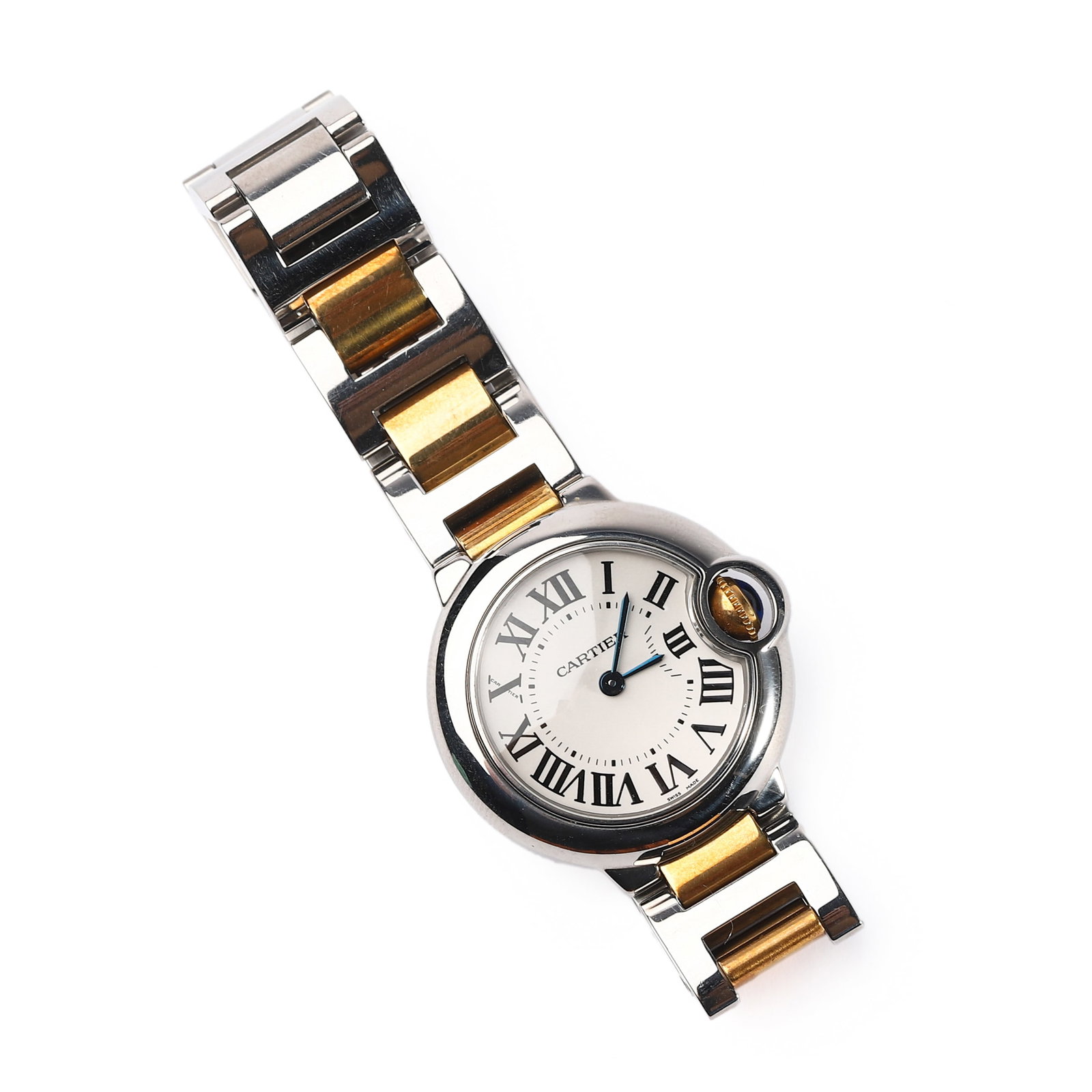 CARTIER BALLON BLEU TWO-TONE STAINLESS STEEL AND 18K YELLOW GOLD LADY'S WRISTWATCH: Case diameter: 1 1/4 in. (30.7 mm) This Cartier Ballon Bleu wristwatch features a distinctive round stainless steel case with a smooth bezel, highlighted by an integrated crown guard housing a blue