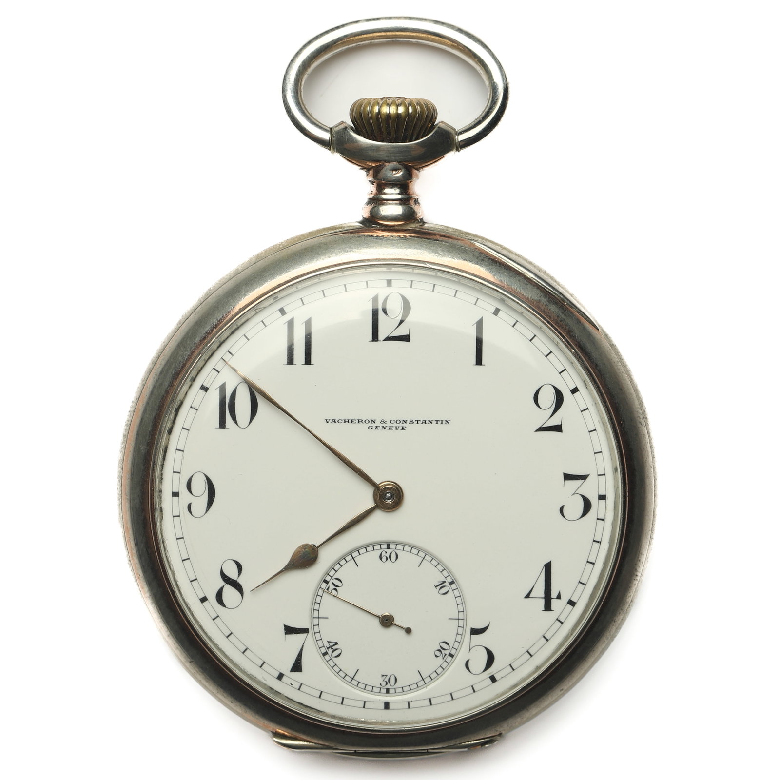 VACHERON & CONSTANTIN OPEN FACE POCKET WATCH: Dimensions Diameter: 2 1/16 in. (5.26 cm) Weight: 78.7 g Description A Vacheron & Constantin open-face pocket watch housed in a silver case, featuring a white enamel dial with bold Arabic numeral hour