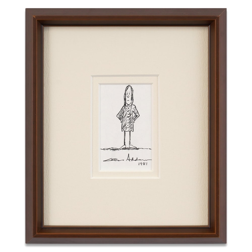 CHARLES ADDAMS HAND-DRAWN AND SIGNED DRAWING: Image Dimensions: 4 5/8 x 2 3/4 in (11.6 x 7 cm) Framed Dimensions: 12 3/4 x 10 7/8 in (32.5 x 27.6 cm) Provenance and Authentication: According to the accompanying documentation provided by the consi