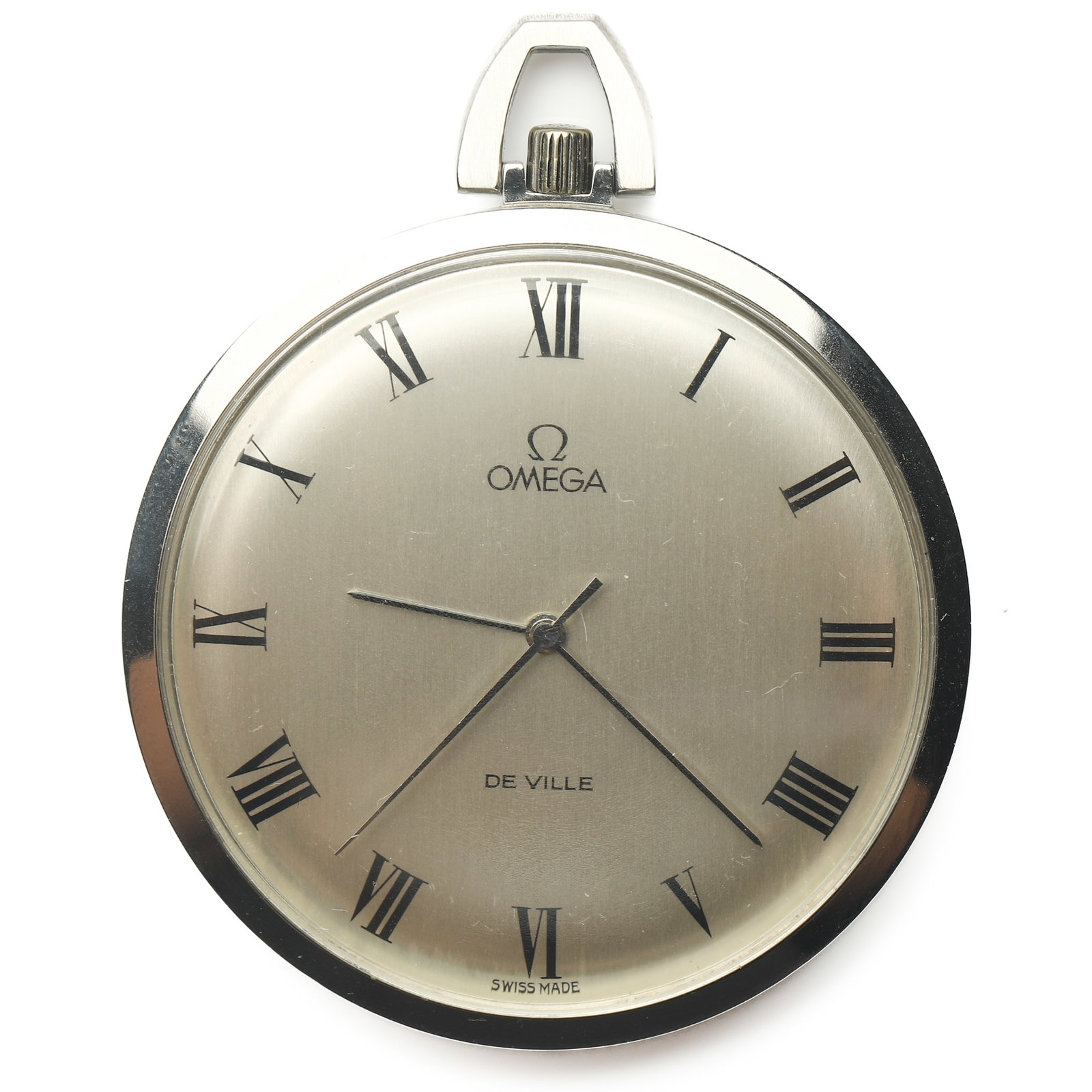 OMEGA DE VILLE POCKET WATCH: Dimensions Diameter 1 3/4 in. (4.4 cm) Weight 41 g Description An Omega De Ville pocket watch featuring a brushed silver-tone dial with black Roman numeral hour markers and a three-hand display. The d