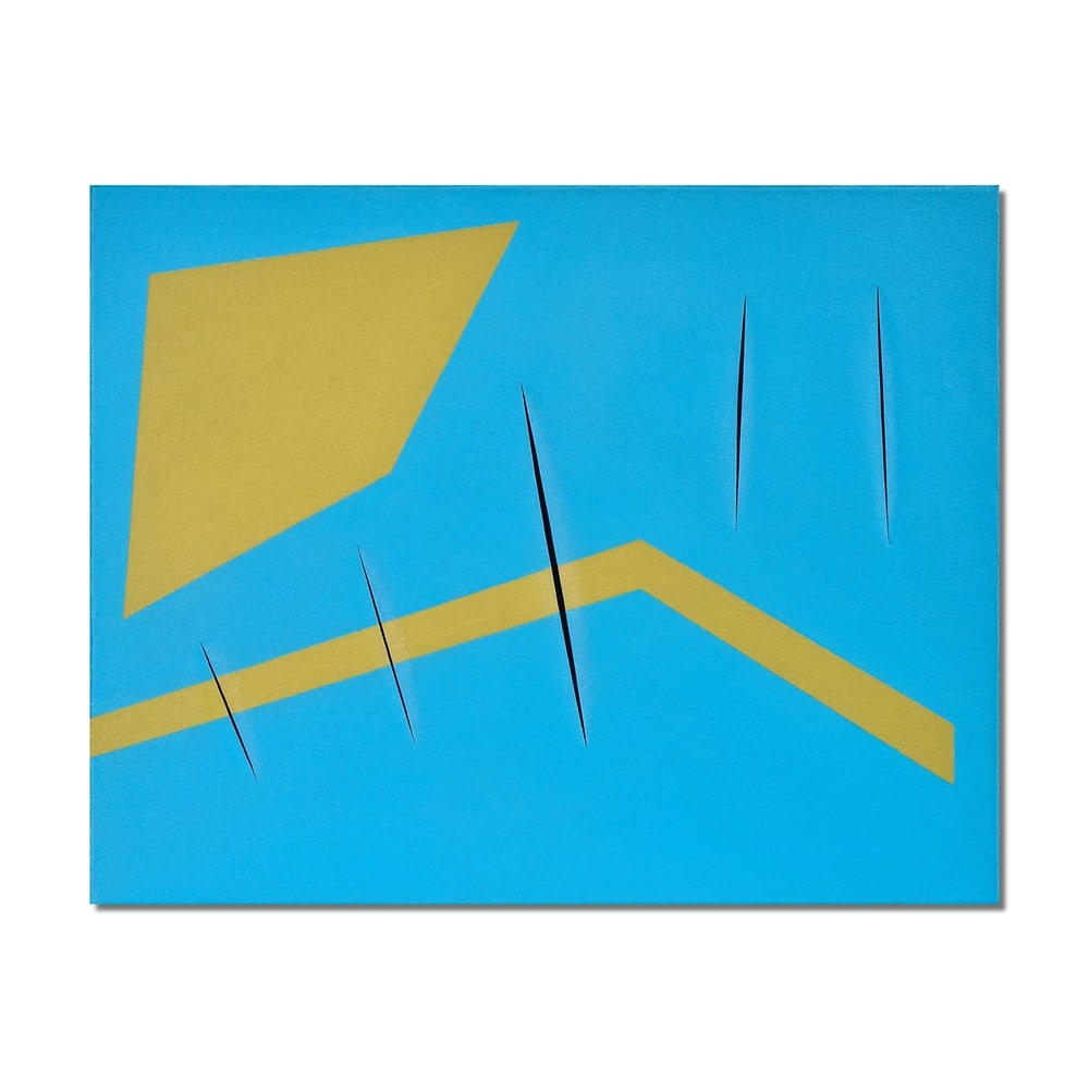 LUCIO FONTANA (1899-1968), ATTRIBUTED TO, WATERPAINT ON CANVAS: Signed (verso) Image Dimensions: 28 3/4 x 36 1/4 in (73 x 92 cm) This painting comes with COA. Lucio Fontana stands as one of the most radical innovators of twentieth century art, whose Spatialist