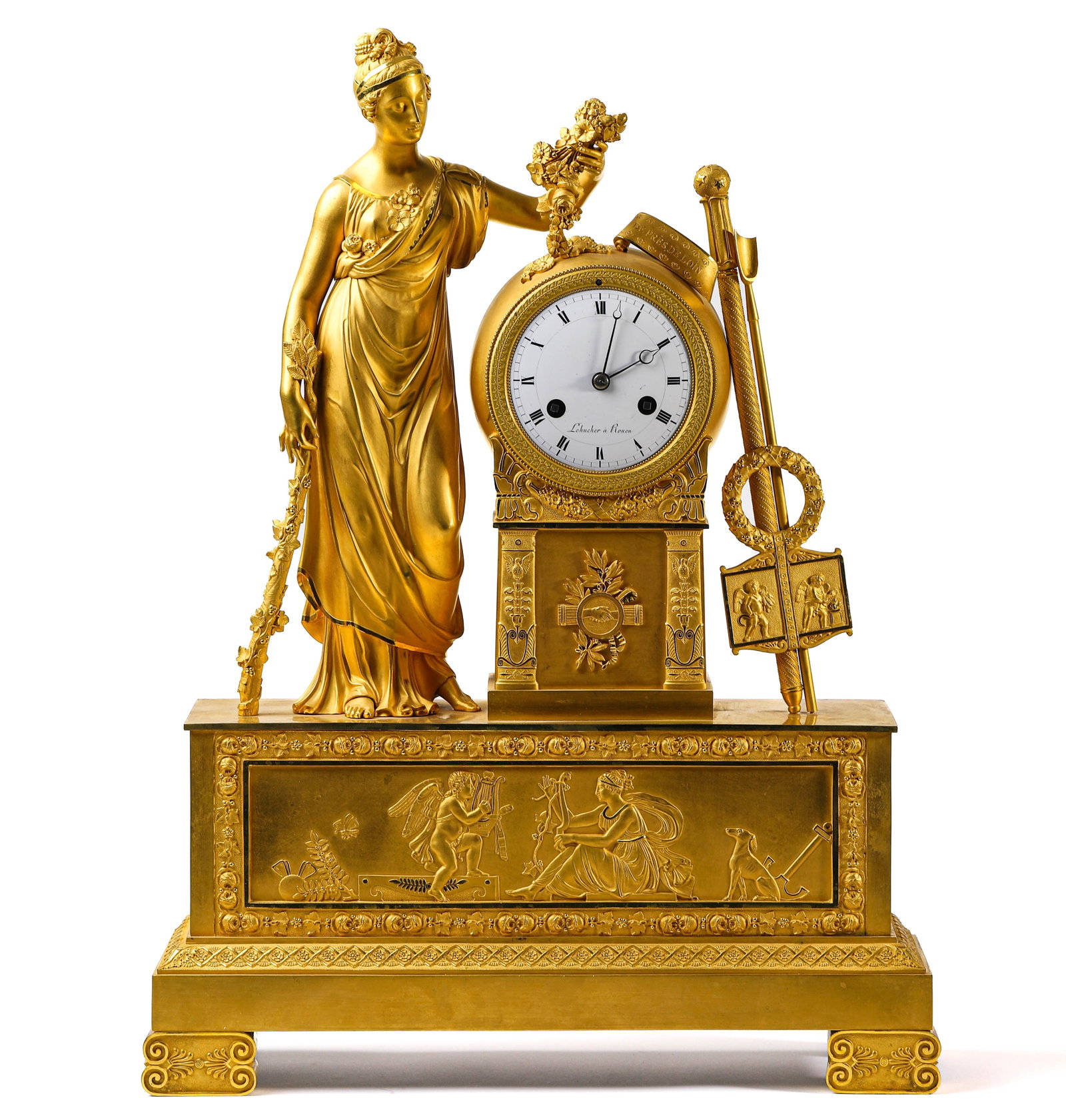 BRONZE-GILT CLOCK: Length: 15 in (38 cm); Width: 4 3/4 in (12 cm); Height: 2 1/16 in (52 cm)