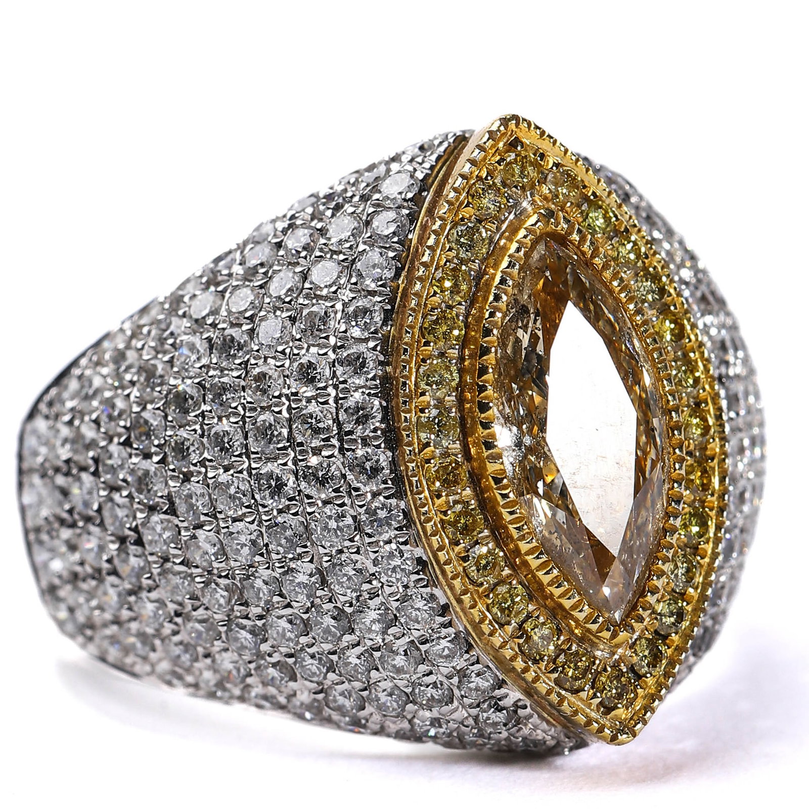 A RETRO 18K WHITE GOLD YELLOW DIAMOND AND DIAMOND RING.: This elegant retro-era ring is meticulously handcrafted in 18K white gold. The centerpiece features a stunning marquise-cut natural yellow diamond weighing approximately 1.04 carats, surrounded by a