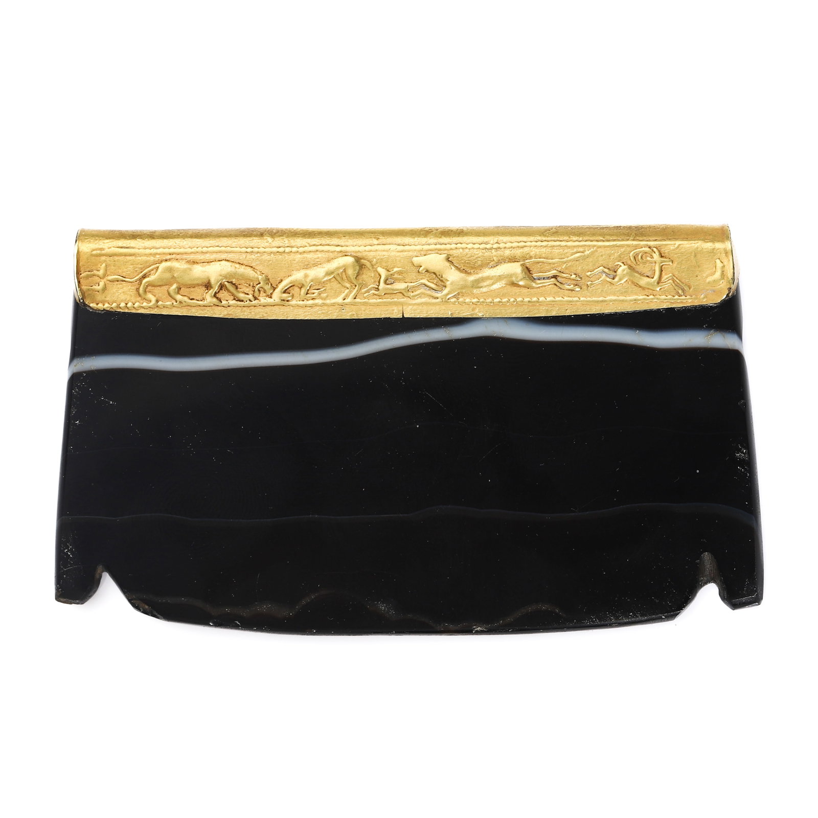 ANTIQUE GOLD-MOUNTED AGATE DESK SEAL OR PAPERWEIGHT: Dimensions Length: 3 1/8 in. (8 cm); Width: 1 13/16 in. (4.6 cm); Weight: 47.5 g Description An antique hardstone object carved from a single piece of deep black agate, distinguished by a natural pale