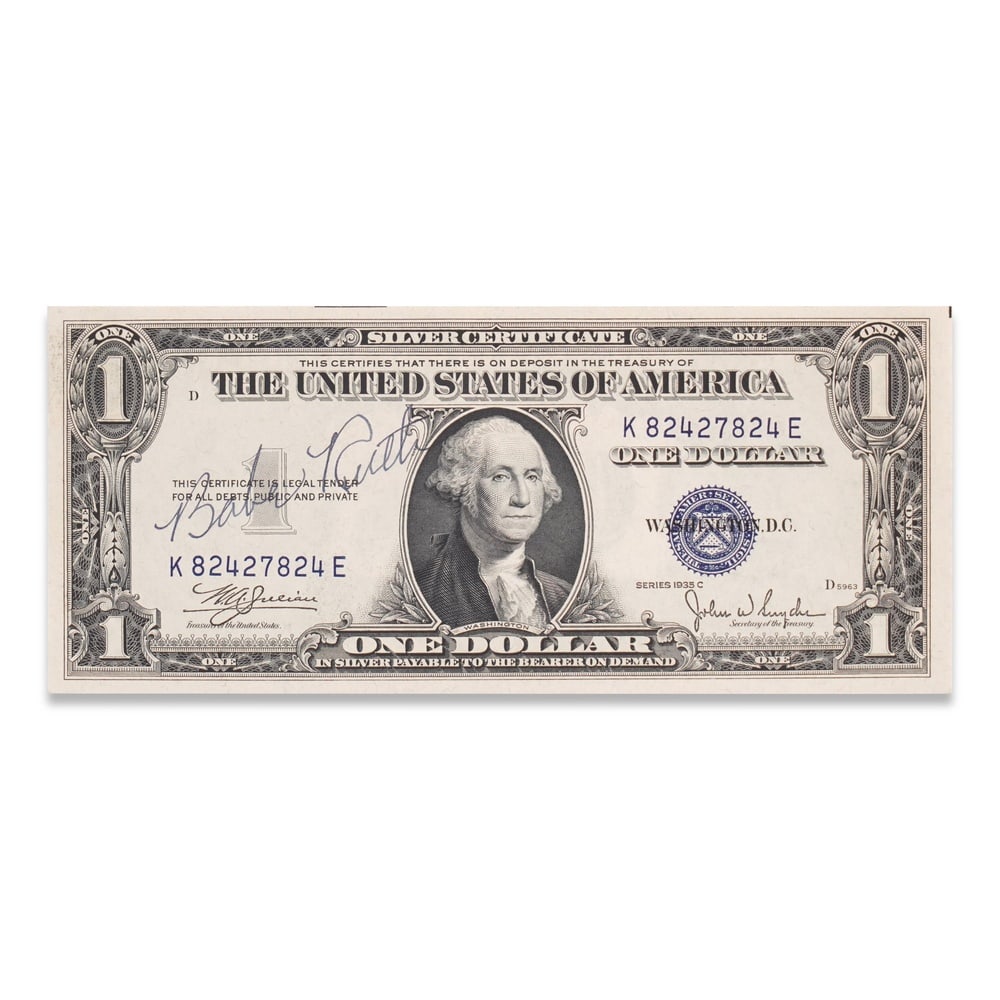 BABE RUTH SIGNED 1935 ONE DOLLAR SILVER CERTIFICATE: 6 1/8 x 2 5/8 in (15.6 x 6.7 cm) Provenance and Authentication: According to the Letter of Authenticity (LOA) and Certificate of Authenticity (COA) provided by the consignor, this collectible was subj