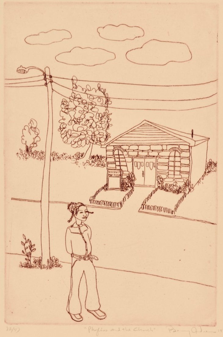 Benny Andrews, 1930 - 2006, Phyllis and the Church: Benny Andrews1930 - 2006Phyllis and the Church1976Etching20.75 x 13.75 inches (image), 26 x 18 inches (full sheet)Signed, titled, dated, and numbered 32/47 in pencil lower margin
