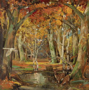 William Edouard Scott (1884-1964) - Forest Glade: William Edouard Scott 1884-1964 Forest Glade with Deer and Egret Oil on canvas c. 1930 Signed. Original frame. Provenance: Williamay and Arthur Jackson, Chicago; acquired directly from the artist; Wil