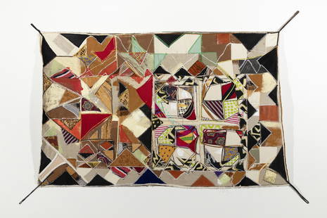 Frank Smith, b. 1935, New Uses for Nooses: Frank Smith b. 1935 New Uses for Nooses 2011 multi-media collage of fabric and acrylic paint 25 x 39 inches signed, titled and dated verso F. Smith stitched into segment verso