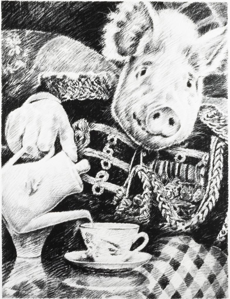 Tarleton Blackwell, b. 1956, Hog Series CLIX: Morning: Tarleton Blackwell b. 1956 Hog Series CLIX: Morning Tea II 1996 stone lithograph 30-1/2 x 22-1/2 inches (full sheet) Signed, titled, dated, and numbered 9/70 From the Resounding Heart Colophon, a