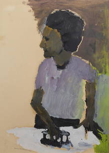 Benny Andrews, 1930-2006, Figure Ironing: Benny Andrews1930-2006Figure Ironing1965oil on paper14 1/2 x 10 1/2 inchessigned and datedProvenance: A gift from the artist to Bill Bray and Ed Hampton of Bray-Hampton Gallery, Atlanta, G