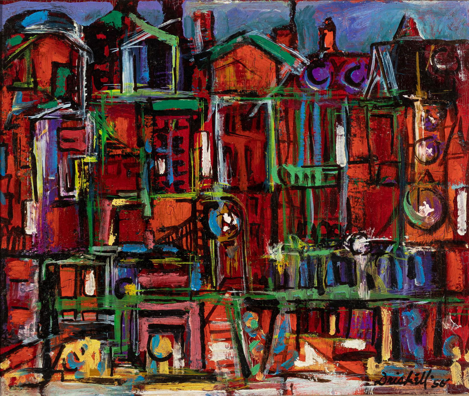David Clyde Driskell, 1931-2020, Chinatown: David Clyde Driskell1931-2020Chinatown1956oil on masonite10 x 12 inchessigned and dated, two artist labels verso identifying the title, original frameProvenance: the artist to Earl Hooks.
