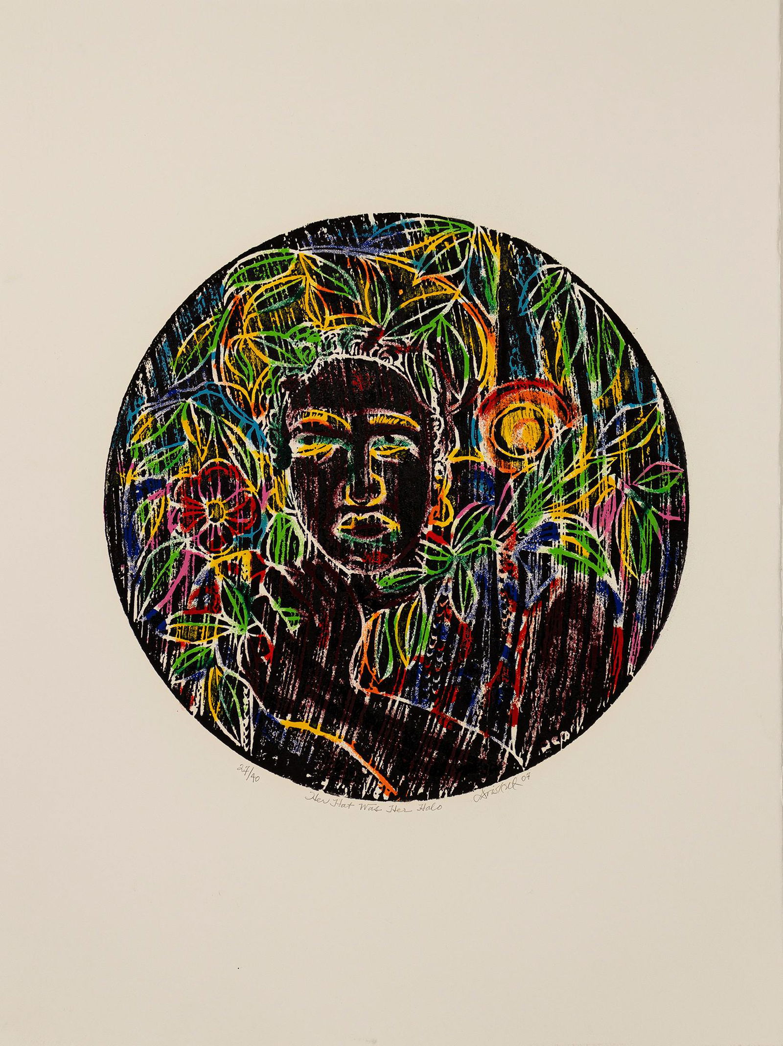 David Driskell, 1931-2020, Her Hat is Her Halo: David Driskell1931-2020Her Hat is Her Halo2007color woodcut print17 inches diameter (image)30 x 22 inches (sheet)signed, dated, titled