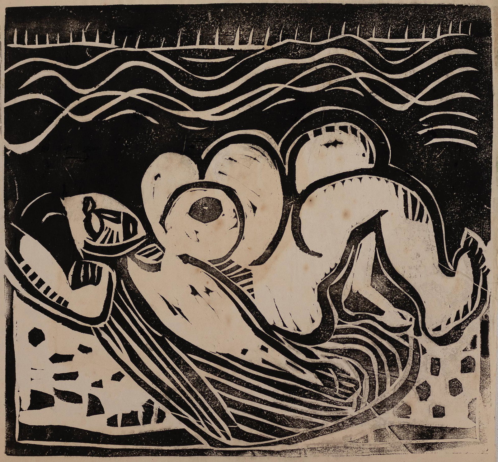 William H. Johnson, 1901-1970, untitled, Reclining Nude at the Beach: William H. Johnson 1901-1970 untitled, Reclining Nude at the Beach c. 1930-1935 woodblock print on paper 14-1/2 x 16-1/2 inches unsigned Provenance: the artist's estate/Holcha Krake to Holcha's s
