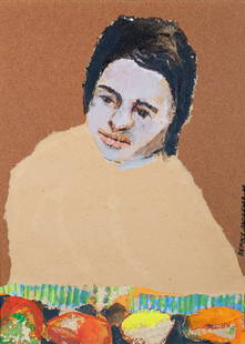 Benny Andrews, 1930-2006, Lady With Fruit: Benny Andrews1930-2006Lady With Fruit1969oil and collage on masonite16 x 12 inchessigned and dated