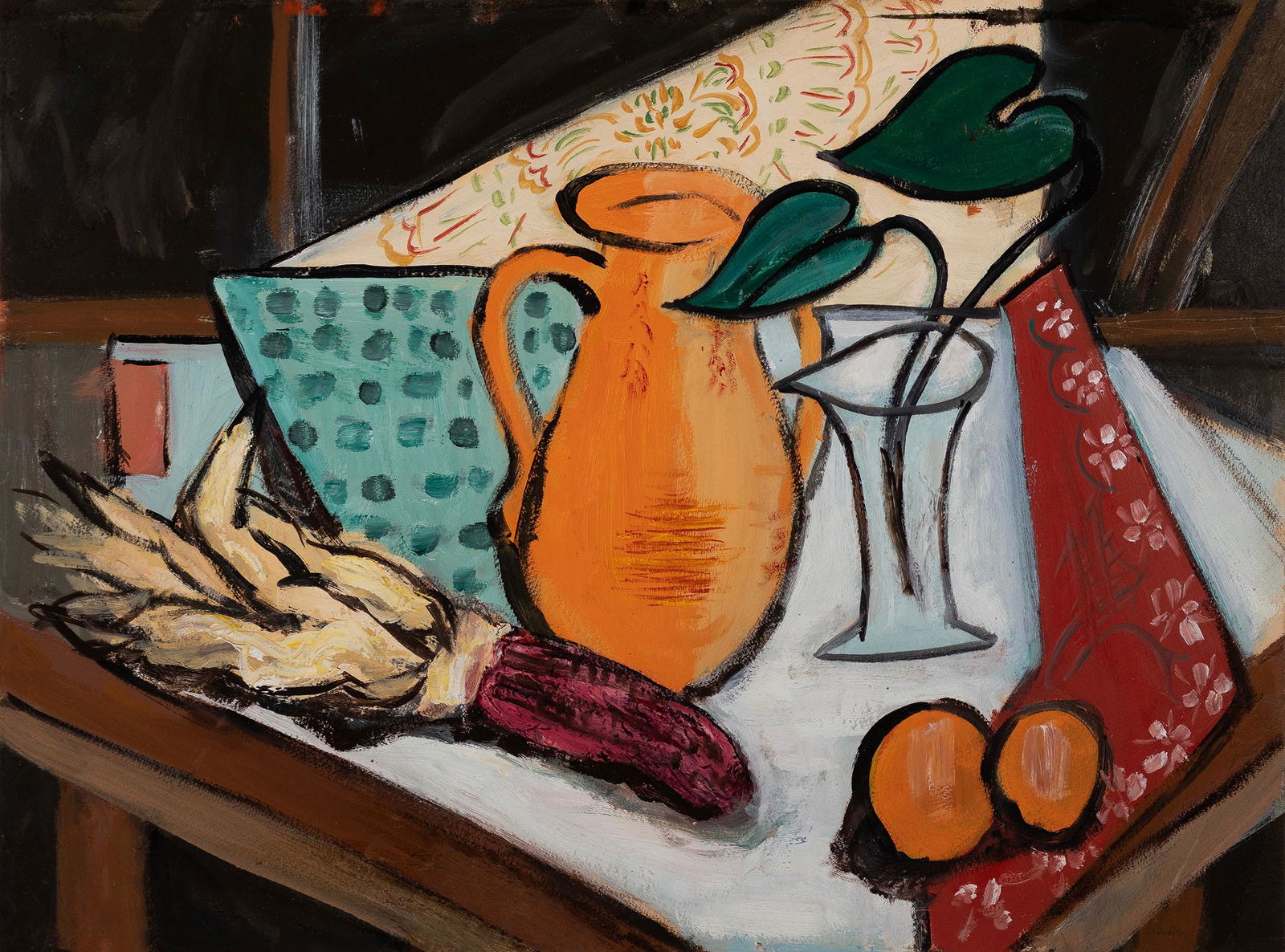 Alma W. Thomas, 1891-1978, Still Life With Corn: Alma W. Thomas1891-1978Still Life With Cornc. 1954oil on paper17-1/2 x 23 inchesinitialedLabel verso: "Exhibition: 'A Life in Art: Alma Thomas'...National Collection of Fine Arts, Smithsoni