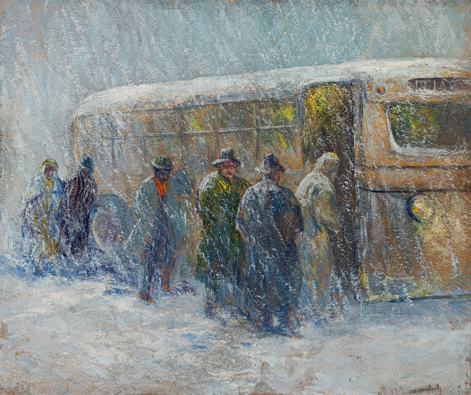John Wesley Hardrick, 1891-1968, Bus in a Snow Storm (Indianapolis): John Wesley Hardrick1891-1968Bus in a Snow Storm (Indianapolis)c. 1935Oil on board20 x 24 inchesSignedIllustrated and Exhibited:A Shared Heritage, Art by Four African Americans (Indi