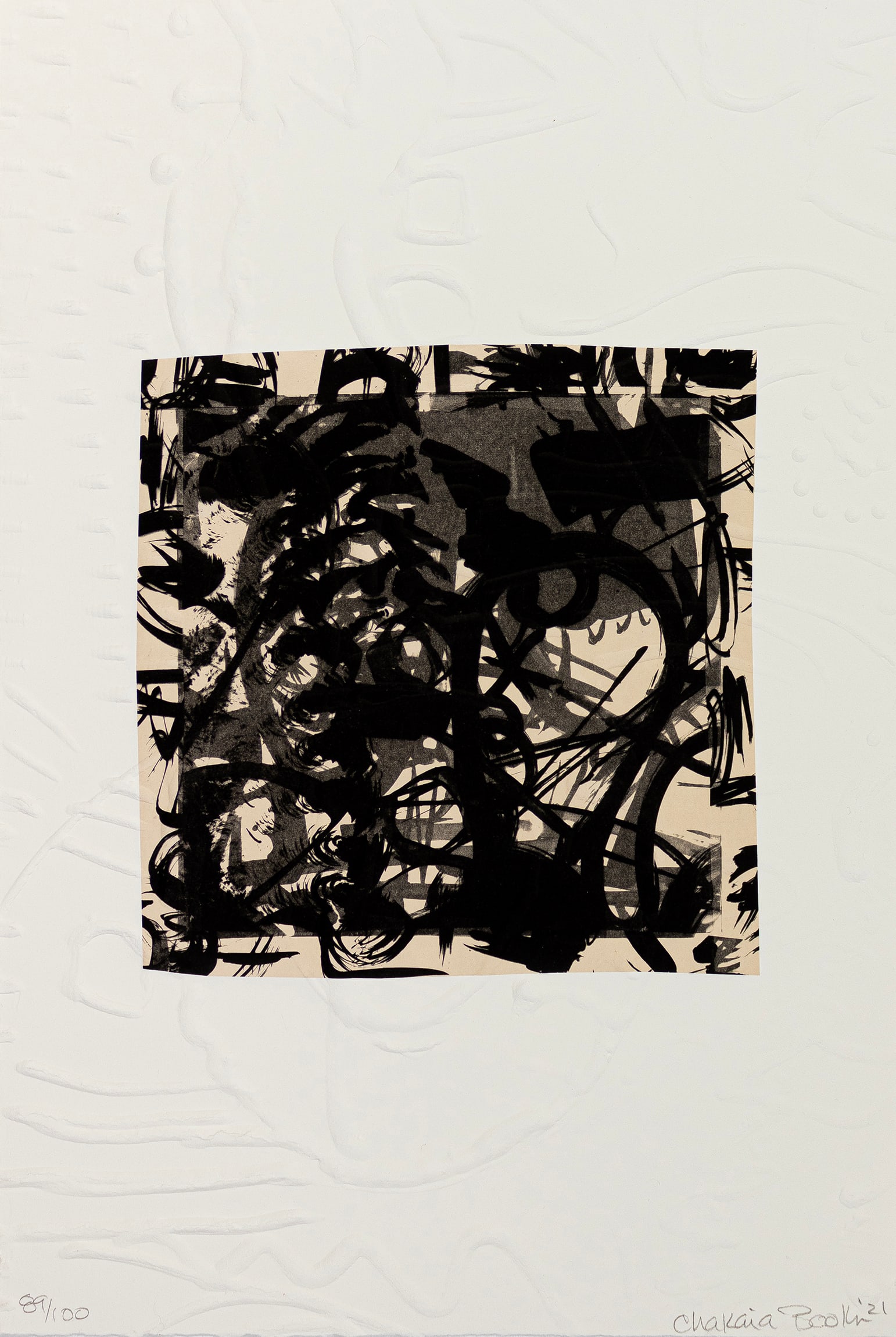 Chakaia Booker, b. 1953, untitled: Chakaia Bookerb. 1953untitled2021lithograph with chine-colle on embossed paper21 x 14 inchessigned, dated and numbered 89/100 in graphite