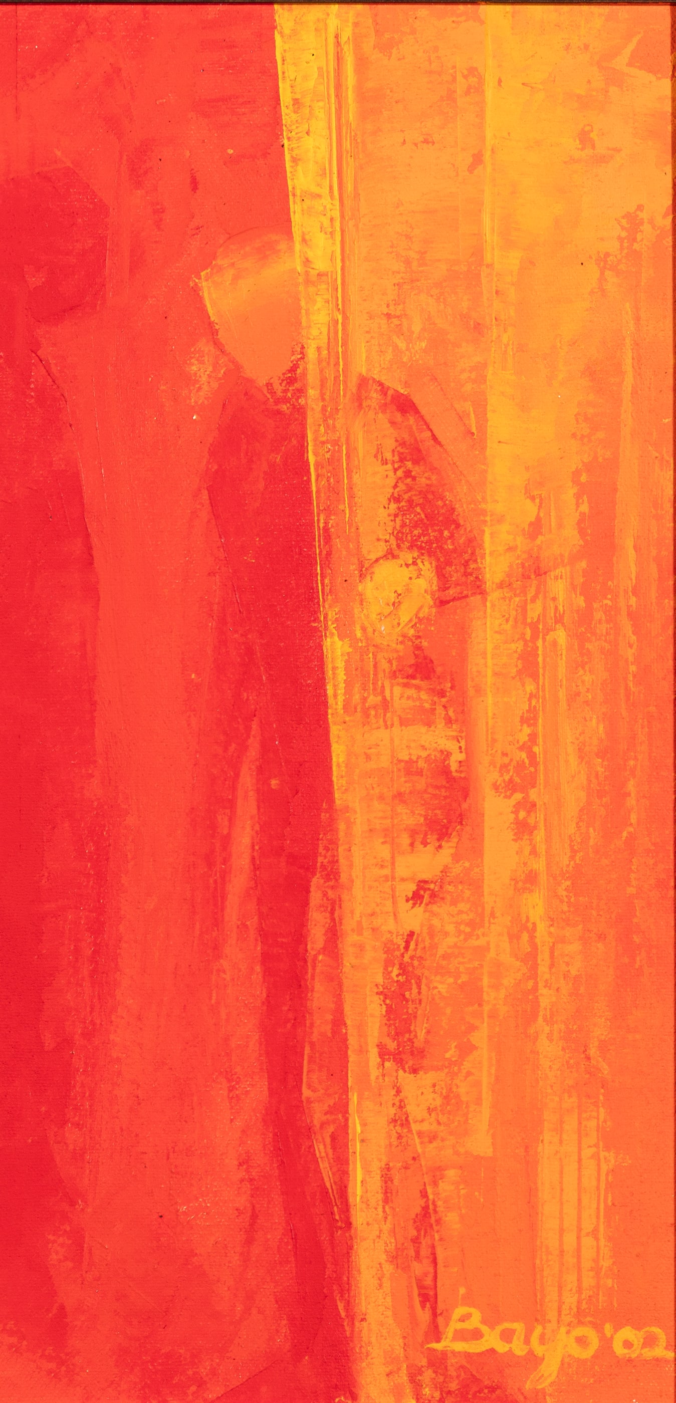 Bayo Iribhogbe, Nigerian/American contemporary, Pressure: Bayo Iribhogbe Nigerian/American, contemporary Pressure 2002 oil on canvas board 16 x 8 inches signed, dated and titled Label on verso reads: "This work was a product of the move I made to q