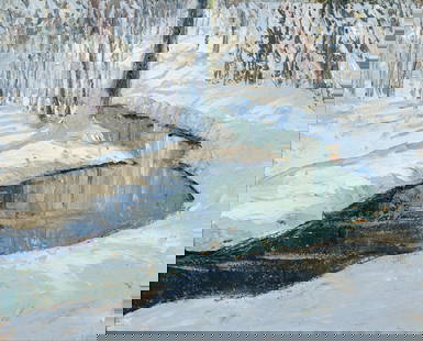 John Wesley Hardrick, 1891-1968, A Winter Stream: John Wesley Hardrick1891-1968A Winter Streamc. 1940oil on board8 x 10 inchesestate/collection stamp versoProvenance: The Collection of Joy L. Thornton, IndianapolisIllustrated: A Pla