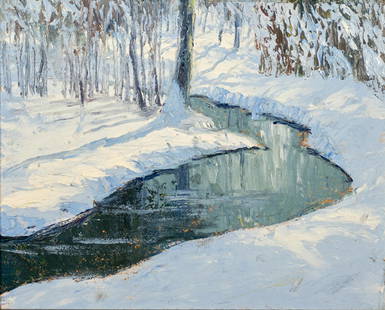 John Wesley Hardrick, 1891-1968, A Winter Stream: John Wesley Hardrick 1891-1968 A Winter Stream c. 1940 oil on board 8 x 10 inches estate/collection stamp verso Provenance: The Collection of Joy L. Thornton, Indianapolis Illustrated: A Place of